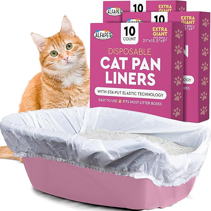 Alfapet Elastic Cat Litter Box Liners - Extra Giant 30 Count - Tear-Resistant Cat Litter Bags - Waterproof Kitty Litter Liners - Fits Litter box Pan Sizes XL, Giant, X-Giant, 37" x 18", 20 lb Capacity-Mewly Pet
