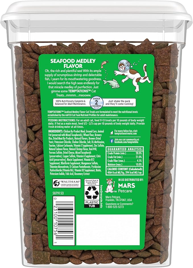 Temptations Classic Crunchy and Soft Cat Treats, Seafood Medley Flavor, 16 oz. Tub-Mewly Pet