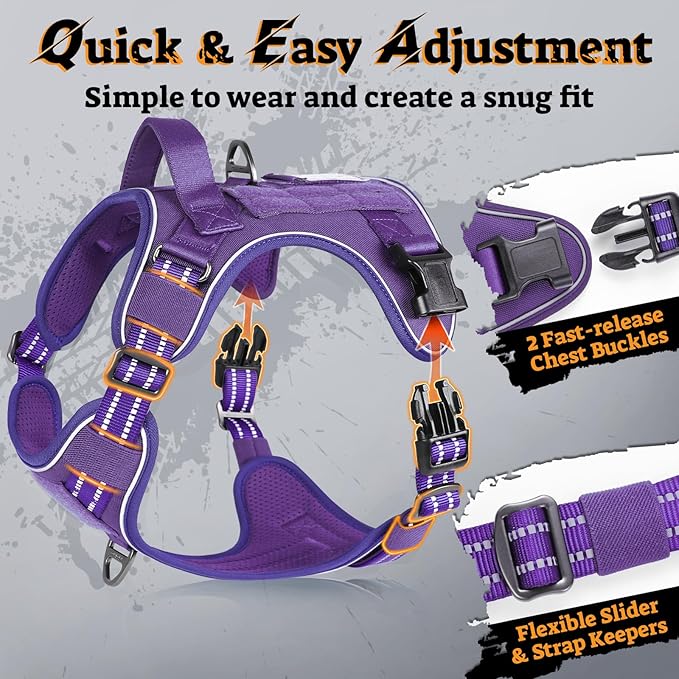rabbitgoo Dog Harness for Large Dogs No Pull, Tactical Service Pet Vest with Molle and Control Handle, Adjustable and Reflective Military Harness for Easy Walking and Training, Purple, L-Mewly Pet