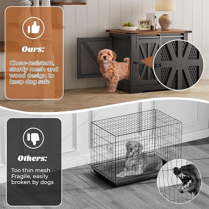 VOPEAK 27.5" Small Dog Crate Furniture, Chew Resistant Dog Crate for Puppy Dogs, Heavy Duty Small Dog Crate Dog Kennel Indoor with Double Doors, Wooden End Table for Bedroom Living Room, Black-Mewly Pet