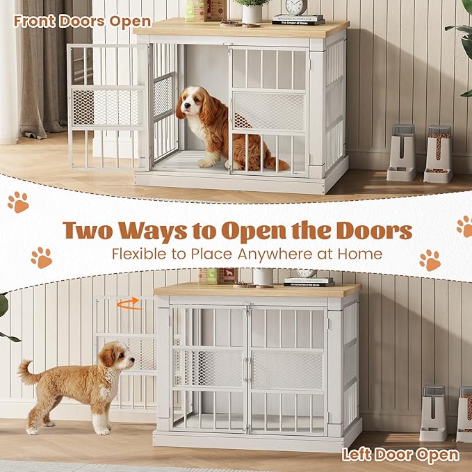 VOPEAK 27.5" Dog Crate Furniture, Chew Resistant Dog Crate for Small Dogs Puppy, Heavy Duty Dog Crates Dog Kennel Cage Indoor with Double Doors, Wooden End Table for Bedroom Living Room, White-Mewly Pet