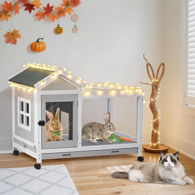 Wooden Rabbit Hutch with Waterproof Roof,Outdoor/Indoor Bunny Cage with Removable Slide-Out Bottom Tray, Chewproof Rabbit cage for Small-Medium Animals (Guinea Pigs, Hedgehogs)-Mewly Pet