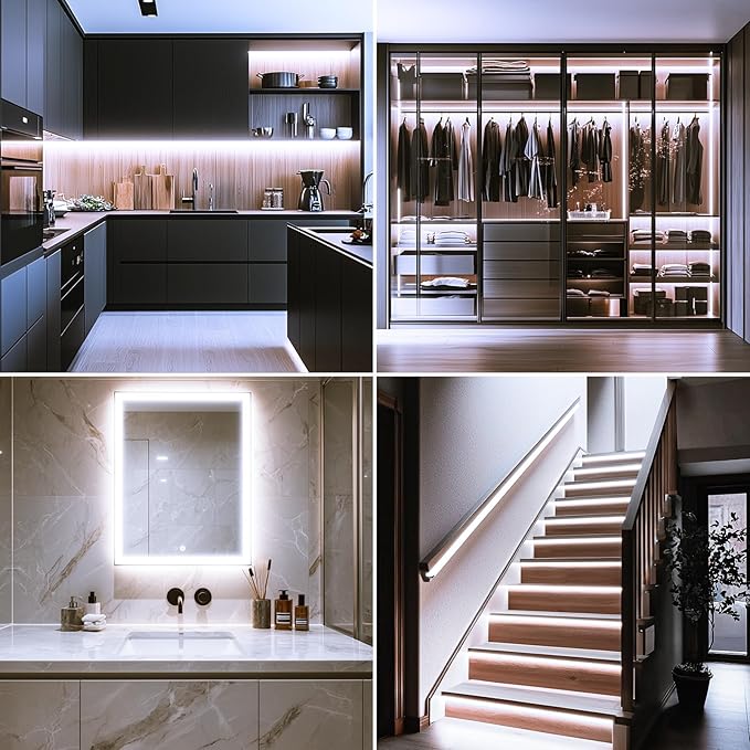 echosari Battery Operated Motion Sensor Cabinet Strip Lights, 9.8Ft 90 LED Counter Closet Strip Light, Motion & Night Sensor Safe Tape Light for Stairs Wardrobe Kitchen (Cool White)