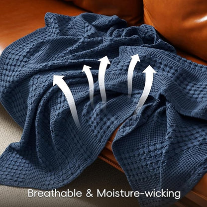 PHF 100% Cotton Waffle Weave Blanket Queen Size for Bed, Soft Lightweight & Breathable, All-Season Comfort, Luxury Aesthetic Woven Bedding for Home Decor, 90"x90", Blue Sapphire
