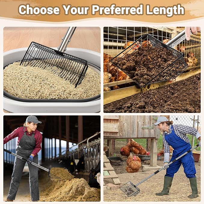 10inch Large Metal Chicken Poop Scooper, 24 to 68" Long Chicken Coop Litter Scoop with Stainless Steel Handle, 4 in 1 Multifunctional Heavy Duty Litter Sifting Shovel Chicken Coop Accessories-Mewly Pet