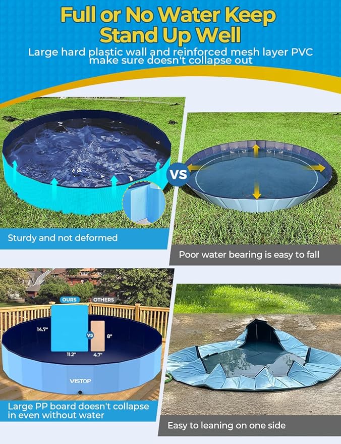 VISTOP Jumbo Foldable Dog Pool, Hard Plastic Shell Portable Swimming Pool for Dogs Cats and Kids Pet Puppy Bathing Tub Collapsible Kiddie Pool (97inch.D x 15.7inch.H, Blue)-Mewly Pet