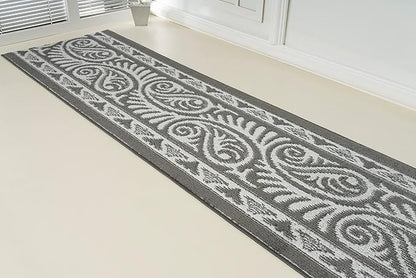 Custom Length Cut to Size Tribal Ethnic Southwestern Inspired Hallway Runner Rug, Non Slip Rubber Backed, 31 inch Wide X Customized Length, Mayan Grey, 31 inch X 20 feet