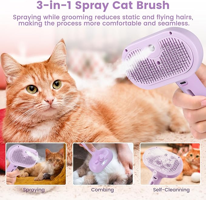 3 in 1 Cat Steam Brush, Pet Spray Hair Removal Comb for Shedding & Grooming, Water Brush for Cats Dogs Small Animals Long Short Haired with One-Click Release Button(Purple)-Mewly Pet