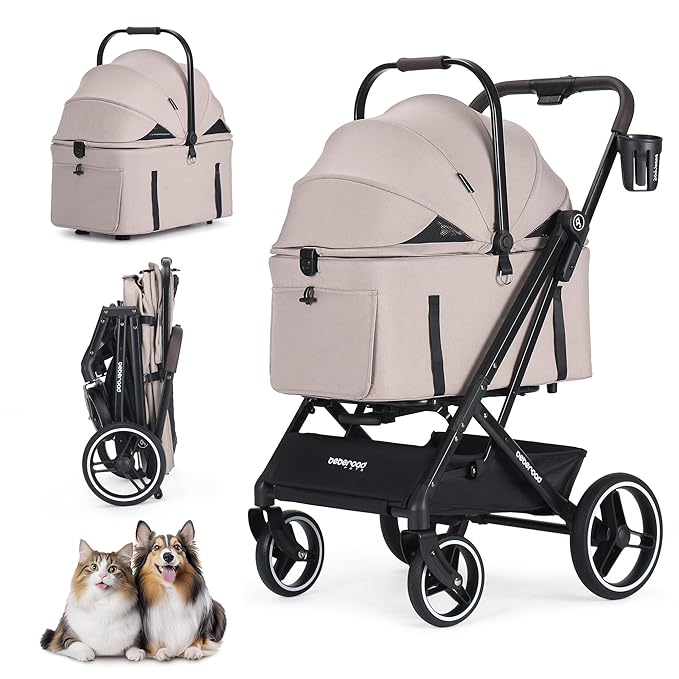 BEBEROAD X3 2 in 1 Pet Stroller for Medium or Two Small Dogs & Cats 4 Wheels Lightweight Foldable Carrier Dog Stroller with Waterproof Weather Cover Cup Holder,Storage Basket(Camel)-Mewly Pet