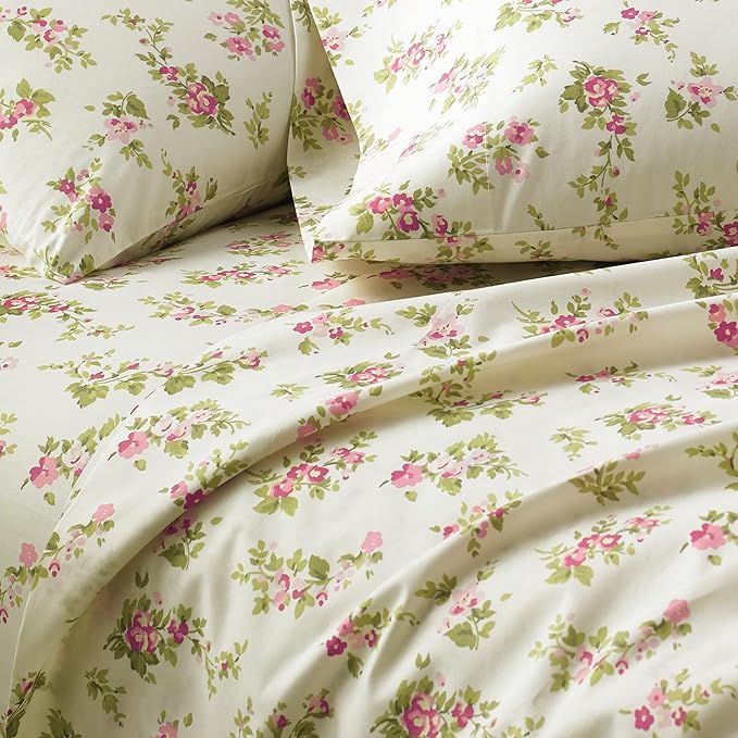 Laura Ashley Home Collection Premium Ultra Soft Cozy Lightweight Cotton Flannel Bedding Sheet Set, Wrinkle, Anti-Fade, Stain Resistant & Hypoallergenic, King, Audrey Pink (201593)