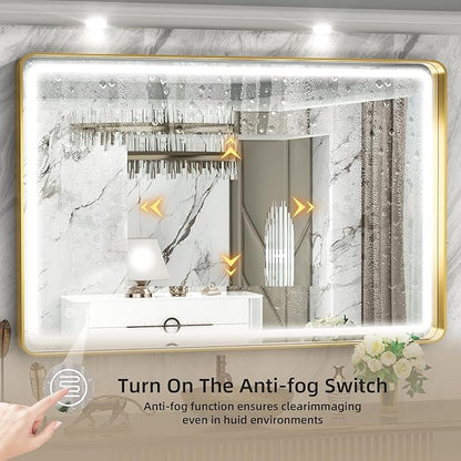 Hasipu LED Bathroom Mirror with Lights 40 x 26 Inch, Gold Metal Frame Light Mirror for Vanity Shaving, Wall Mounted Rounded Rectangle Mirror Anti-Fog, Dimmable, 3 Colors (Horizontal/Vertical)