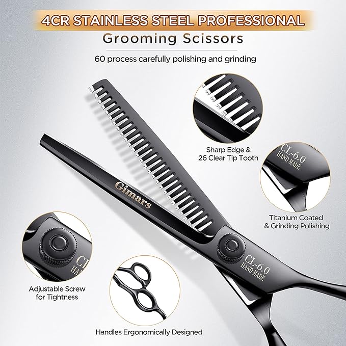 Gimars 7inch Professional 4CR Stainless Steel 6 in 1 Grooming Scissors for Dogs with Safety Round Tip, Heavy Duty Titanium Coated Pet Grooming Scissor for Dogs, Cats and Other Animals-Mewly Pet