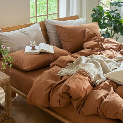 MooMee Bedding Duvet Cover Set 100% Washed Cotton Linen Like Textured Breathable Durable Soft Comfy (Solid Dark Orange, Alaska King 132"x120")