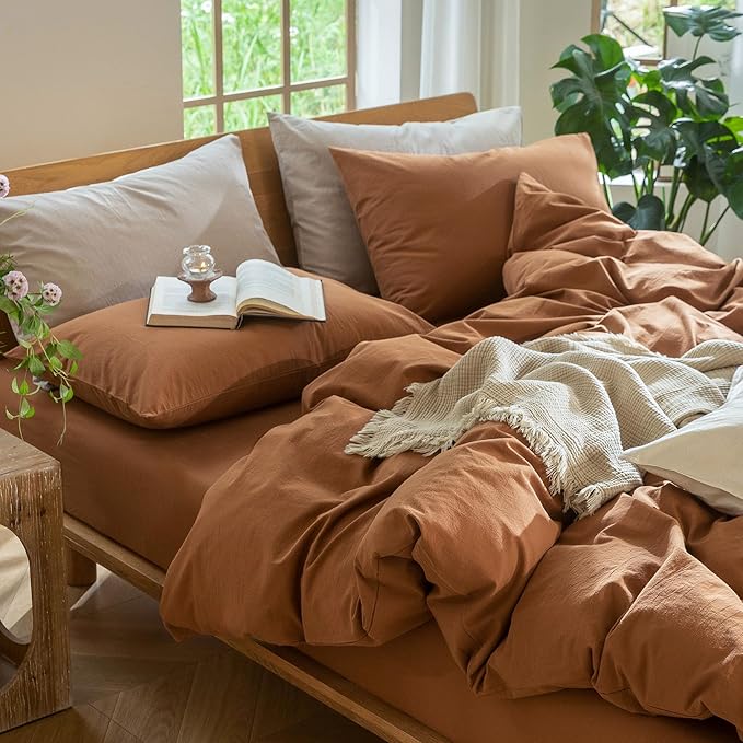 MooMee Bedding Duvet Cover Set 100% Washed Cotton Linen Like Textured Breathable Durable Soft Comfy (Solid Dark Orange, Super King Plus 120"x120")