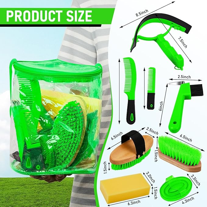 9 Pieces Horse Grooming Kit Tack Room Supplies Set with Organizer Tote Bag, Oval Massage Curry, Hard and Soft Brush, Hoof Pick, Sweat Scraper, Bathing Sponge, Combs for Horse Riders Beginners (Green)-Mewly Pet