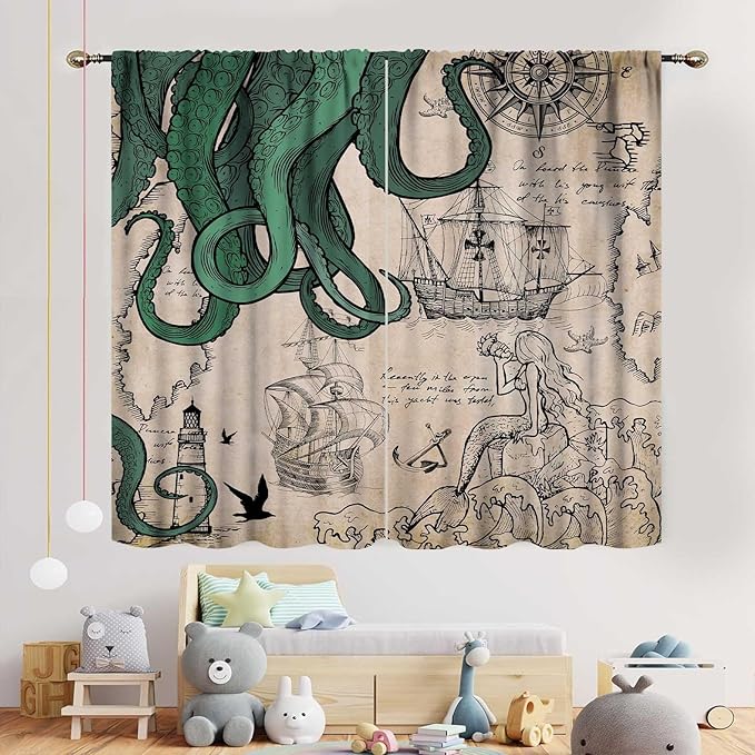 Nautical Octopus Curtains, Coastal Old Pirate Map Sailboat Compass Vintage Magic Ocean Kraken Octopus Tentacles Window Drapery Treatment for Bedroom Living Room Kitchen Bathroom 2 Panels, 42"x54" Inch