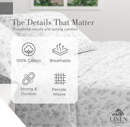 Linen Home 100% Cotton Printed Percale Sheets Queen Size, Deep Pocket, 4 Pieces Set - 1 Flat, 1 Deep Pocket Fitted Sheet and 2 Pillowcases, Crisp Cool and Strong Bed Linen, Grey Botanical Floral
