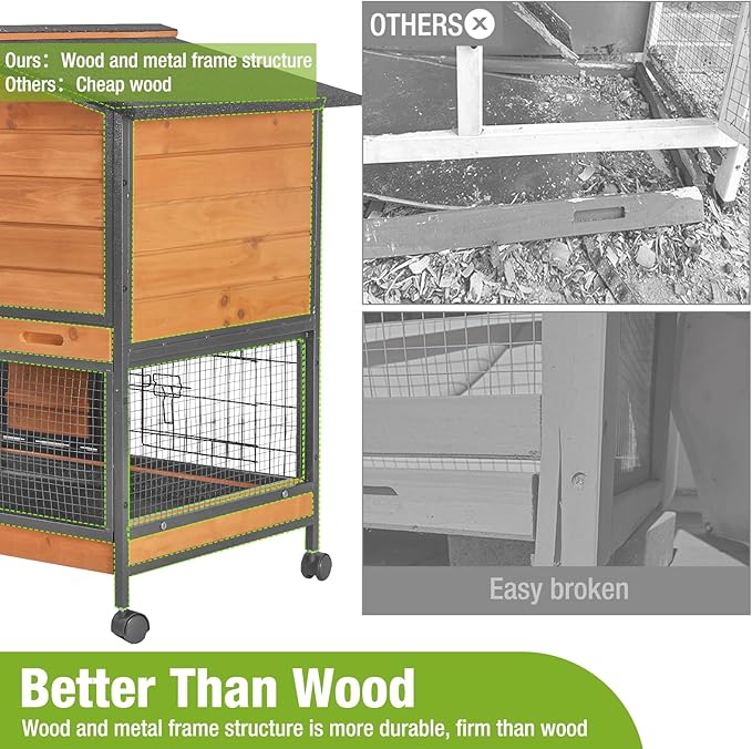 GUTINNEEN Rabbit Hutch with Chew-Resistant Metal Frame Indoor Bunny Cage Outdoor Rabbit Cage with Wheels and Leakproof Tray-Mewly Pet