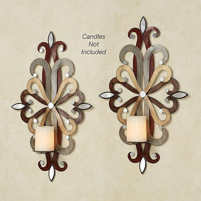 Fiorenzo Wall Sconce Pair | Set of Two Candle Sconces | Modern Candle Holders | Mirrored Hand Dyed Candleholders | Silver Auburn Gold Brown | Swirl Scrolls | Wall Decoration | Hanging Wall Sconces