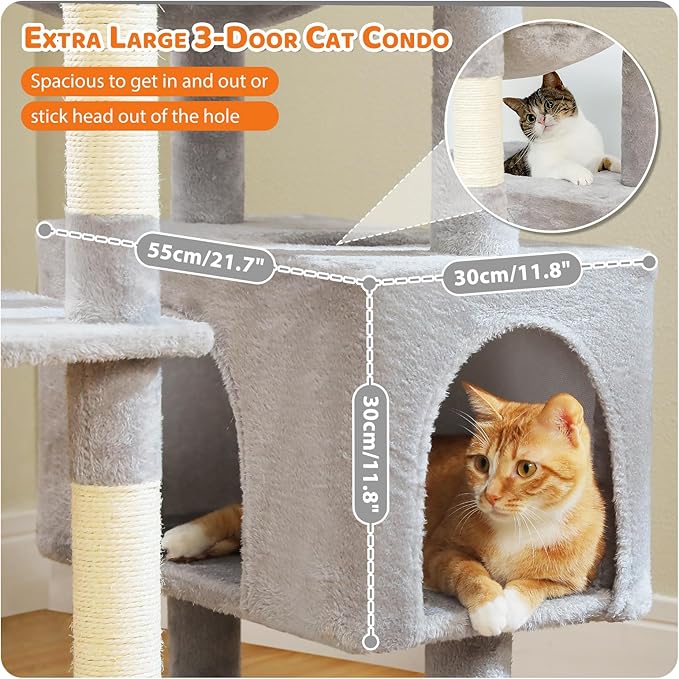PAWZ Road Heavy Duty Cat Tree for Large Cats, 81 Inches Tall Cat Tower with 2 Perches, 2 Condos and Spacious Hammock, XL Extra Large Condo with 7 Scratching Posts for 20lb+ Adult Cats,Gray-Mewly Pet