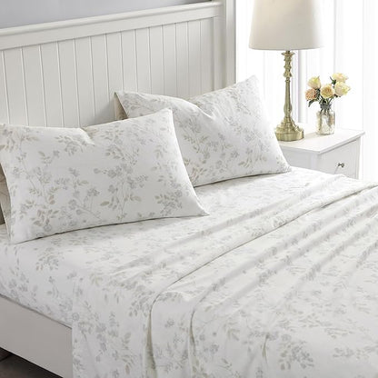 Laura Ashley - Flannel Sheets Queen Size, Anti-Pilling & Wrinkle Resistant Cotton, Touchably Soft for All-Season Comfort - Bed Sheets with Matching Pillowcases & Fitted Sheet (Fawna Grey)