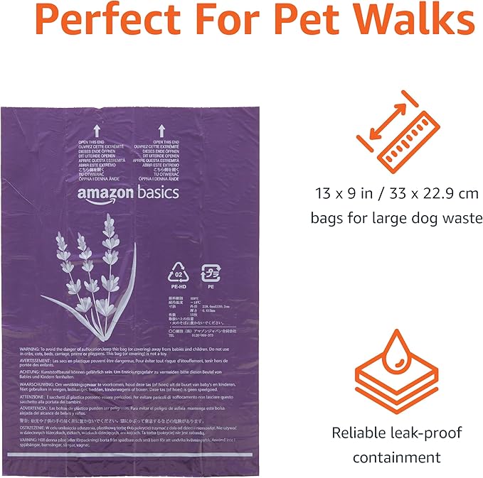 Amazon Basics Premium Lavender Scented Standard Dog Waste Bags, 300 Count (15 Pack of 20)-Mewly Pet
