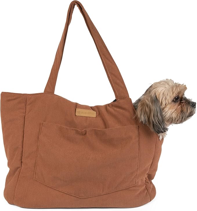 Corduroy Dog Carrier - Lightweight Cotton Soft-Sided Pet Tote with Safety Harness Clip - Breathable Travel Carrier for Small Dogs and Puppies (Brown)-Mewly Pet