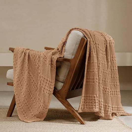 PHF 100% Cotton Waffle Weave Throw Blanket, Soft Lightweight Breathable Cozy Throws for Couch Bed Sofa, Luxury Aesthetic Woven Blanket for Home Decor & Office, 50"x60", Clay