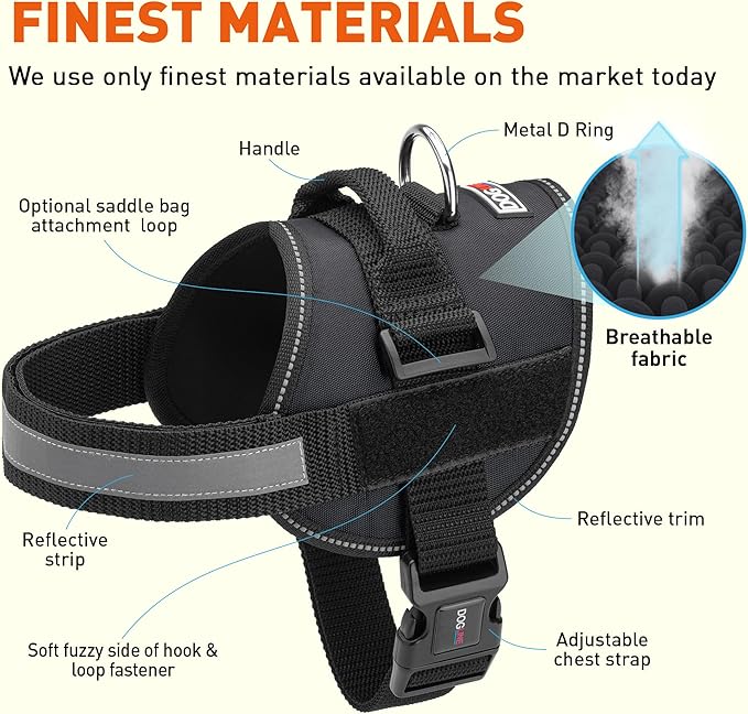 Dogline Dog Harness, Reflective No-Pull Adjustable Vest with Handle for Walking, Training, Breathable, No - Choke Harness for Small, Medium or Large Dogs Room for Patches Girth 27 to 34 in Black-Mewly Pet