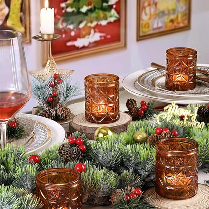 12 Pack Vintage Amber Votive Candle Holders, Glass Candle Holders for Wedding Table Centerpiece, Small Tealight Candle Holder for Home Decor, Tea Lights Candle Holder for Party, Boho Fall Decor