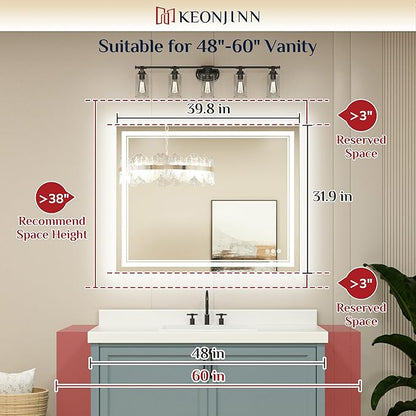 Keonjinn Lighted Bathroom Mirror, 40 x 32 Inch Bathroom LED Mirror with Lights, Frontlit Only, HD Tempered Glass, UL-Listed LED Driver, Anti-Fog, 6000K Dimmale, Easy Installation(Horizontal/Vertical)