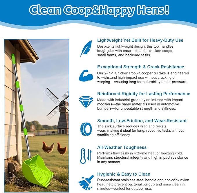 12-Inch 2-in-1 Chicken Poop Scooper & Rake – US Patent Pending – 3-Shape Sifting Holes Chicken Coop Rake，Stainless Steel Handle （20–61"）– Litter Scoop Sand & Sifting Shovel for Chicken Coops(Green)-Mewly Pet