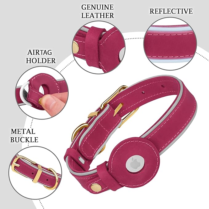 OOPSDOGGY Reflective Geniune Leather Airtag Dog Collar Soft Padded Collars for Small Medium Large Breed Dogs Puppy, 4 Sizes, 7 Colors (Pink, XLarge, 19"-24")-Mewly Pet