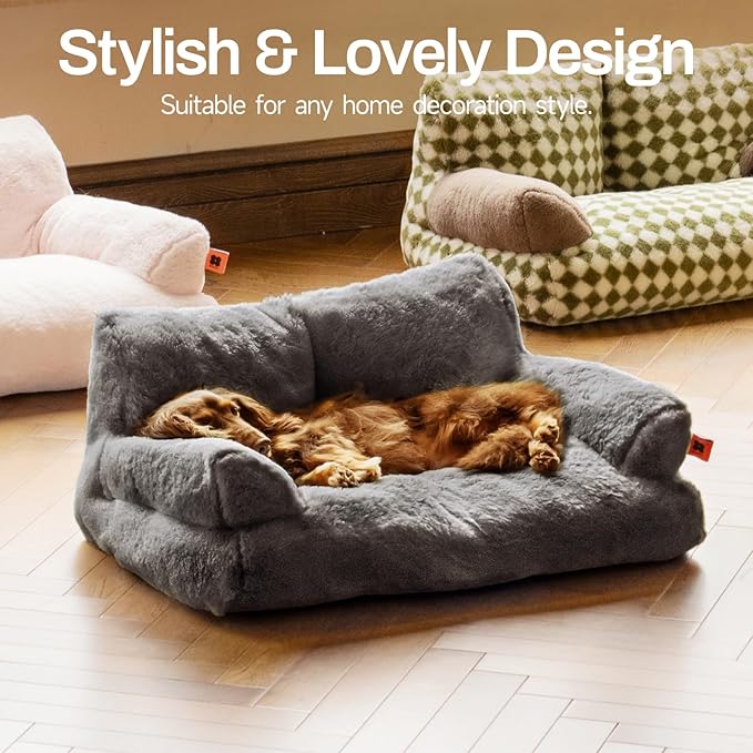 MEWOOFUN Dog Couch, Supportive Small Dog Bed for Puppy and Cats with Removable Washable Cover, Fluffy Cat Couch with Non-Slip Bottom (Dark Grey, 26.0" L X 19.0" W X 13.0" Th)-Mewly Pet