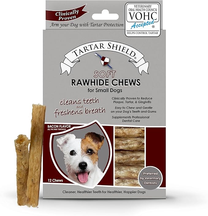 Tartar Shield Soft Rawhide Chews | Safe Dental Treats for Small Dogs | Vet VOHC Approved | Daily Bone Cleans Teeth & Gums Fresh Breath Oral Health Support | USA Made | (Small Dogs / 12 Count)-Mewly Pet