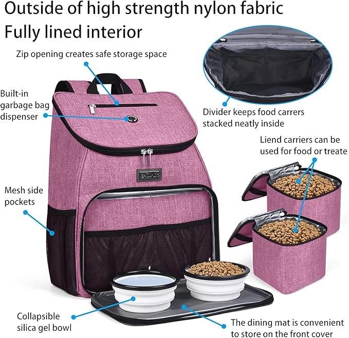 BAGLHER丨Dog Travel Bag, Airline Approved Pet Supplies Backpack, Dog Travel Backpack with 2 Silicone Collapsible Bowls and 2 Food Baskets-Mewly Pet