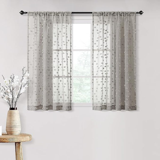 MYSKY HOME Pom Pom Grey Sheer Curtains for Bedroom Girls Room Curtains 63 inch Length for Nursery Kids Light Filtering Boho Window Drapes, Rod Pocket, 52" Wide, 2 Panels