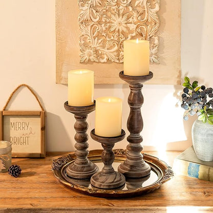 Wood Pillar Candle Holder: 3Pcs Rustic Candle Holders for Pillar Candles Wood Candle Holders Distressed Wooden Farmhouse Large Candle Holder for Fireplace Table (Brown, 6", 8", 12")