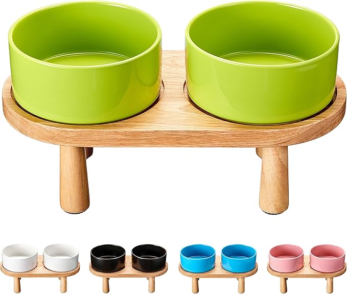 Ceramic Elevated Dog Bowls, Pet Food and Water Bowl Set for Large Dogs, 7.5 Cups Dog Bowls Raised with Wood Stand, 61OZ, Green-Mewly Pet