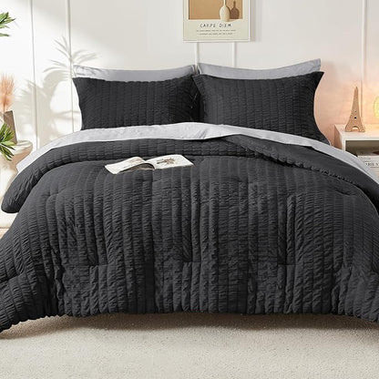 HYMOKEGE Black/Light Grey Full Size Comforter Sets Seersucker 7 Pieces, All Season Luxury Bed in a Bag for Bedroom, Bedding Set with Comforter, Sheets, Pillowcases & Shams