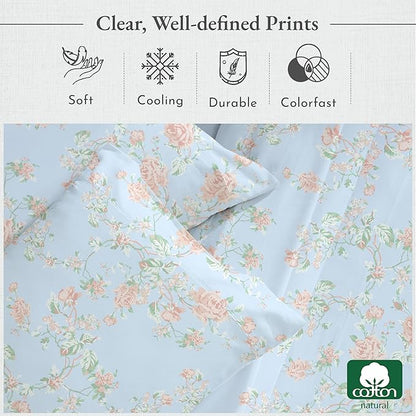 California Design Den Floral Deep Pocket Twin Sheets Set - 400 Thread Count Sateen, Natural 100% Cotton Sheets, Cooling and Durable Bedding Set - Antique Rose