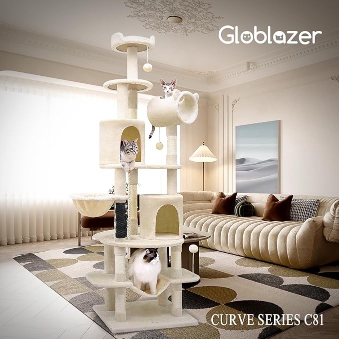Globlazer Artistic Curved Cat Tower for Small Cats (Under 12 lbs), 81-inch Slim Design Cat Tree with Space-Saving Design, Indoor Cat Condo with Hammock & Tunnel, C81, Beige, Non-Large Cats-Mewly Pet