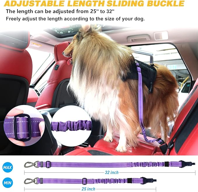AUBELL Dog Seat Belt for Car,Updated 3-in-1 Adjustable Reflective Bungee Heavy Duty Dog Car Harness Tether with Clip Hook Latch & Buckle,Swivel Zinc Alloy Carabiner,Purple-Mewly Pet