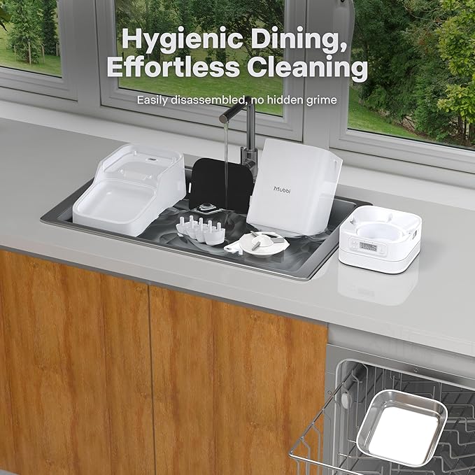 Automatic Cat Feeders, 7L/29 Cups Automatic Dog Feeder, Cat Food Dispenser, No-Jam Rotor, Up to 6 Meals for 2-15 mm Dry Food, with Elevated Stand, Stainless Steel Bowl-Mewly Pet