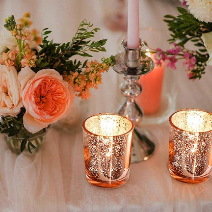 24 Pcs Rose Gold Votive Candle Holders, Speckled Mercury Rose Gold Glass Candle Holder Bulk for Wedding Centerpiece Table Decor, Tea Lights Candle Holder for Valentines Day Decor, Home Decor