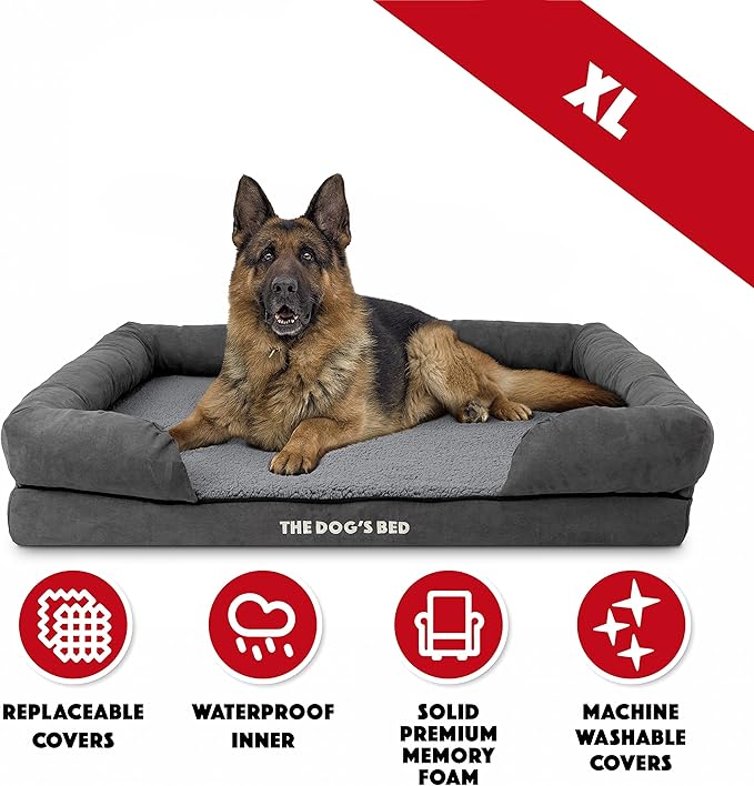 The Dog’s Bed, XL Grey Plush 43.5x34,Solid Memory Foam, Pain Relief: Arthritis, Hip & Elbow Dysplasia, Post Surgery, Lameness, Supportive, Calming, Waterproof Washable Cover, Veterinary Approved-Mewly Pet