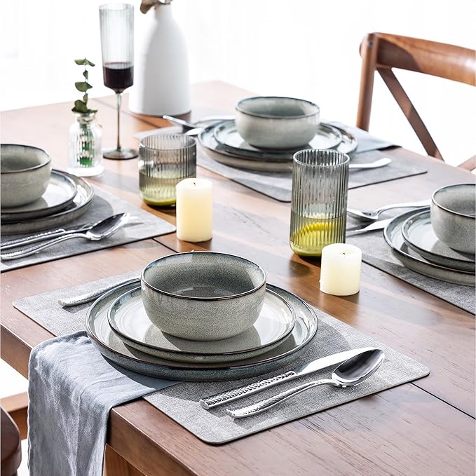 GBHOME Ceramic Dinnerware Sets for 6, 18 Pieces Stoneware Plates and Bowls Sets, Reactive Glaze Dishes -Scratch Resistant, Dishwasher&Microwave Safe, Green Wheat-Mewly Pet