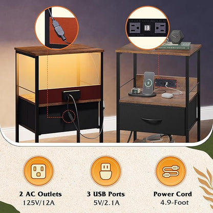WLIVE LED Night Stand, Nightstand with Charging Station, Small Bed Side Table with Fabric Drawer and Open Shelves, Tall End Table with USB Ports & Outlets, Black and Rustic Brown