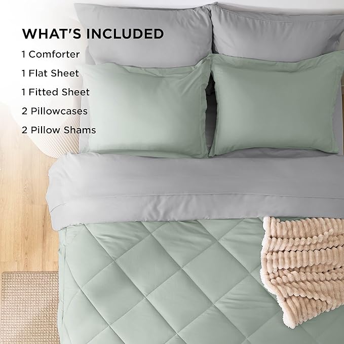 Bedsure California King Comforter Set - 7 Pieces Reversible Sage Green Bedding, California King Size Bed Set for All Seasons, Bed in a Bag with Down Alternative Comforter, Sheets, Pillowcases & Shams