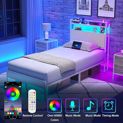 Twin Size Bed Frame with Charging Station and LED Lights, Metal Bed Frame with Headboard, White Upholstered Headboard with 2-Tier Storage Shelves, Noise Free, No Box Spring Needed, White